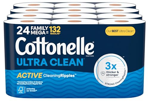 Cottonelle Ultra Clean Toilet Paper with Active CleaningRipples Texture, 24 Family Mega Rolls (24 Family Mega Rolls = 132 Regular Rolls) (4 Packs of 6), 353 Sheets Per Roll, Packaging May Vary, White
