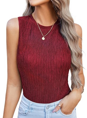 Hotouch Damen Tank Top Ärmellose Sommer Tops Rundhals Weste Basic Oberteile Casual Blusen Blasenfalten Weste Slim Fit Shirt Weinrot M