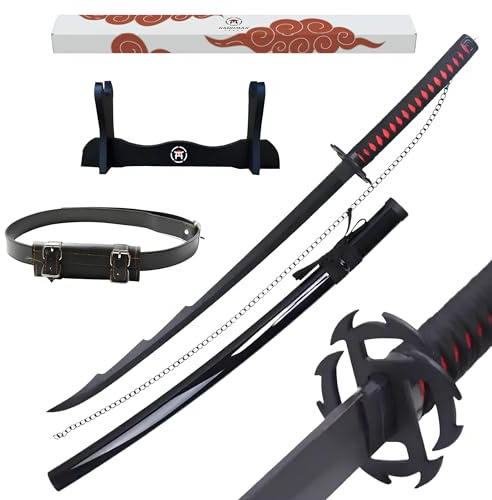 Hashiman Katana Bleach – Manga Schwert + Schwerthalter Holz + Gürtel – Samurai Catana Cosplay Anime - Holzschwert Kinder Erwachsene – Ninja Deko Kostüm Säbels (Ichigo Kurosaki V2)