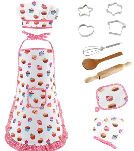 DesignerBox Chef Set for Kids - 11 PCS, Cook Costume Cooking Play Set with Apron, Chef Hat, Cooking Mitt and Cookie Cutters for Girls Career Role Play Children Pretend Play Birthday Gift (#3)