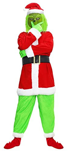 Claofoc 7 teiliges Santa Claus Kostüm Erwachsene Weihnachtsmütze Cosplay Outfit Set mit Maske Grün Großes Monster Halloween Christmas Lustige Cosplay Kostüm Requisiten