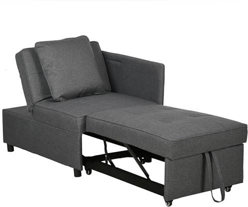HOMCOM Convertible Single Sofa Bed with Thick Padded Seat, 3-in-1 Multi-Functional Sleeper Chair Bed with Magazine Pocket, for Living Room, Grey