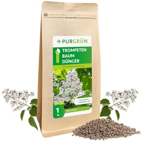 Purgrün® Trompetenbaum-Dünger 1 kg – Leuchtende Blüten dank Spezial-Rezeptur – Magnesium für leuchtende Blattfärbung – Schnelles Wachstum dank extra Stickstoff – Baumdünger für ca 2-3 Pflanzen