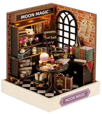 CUTEROOM DIY Miniature House Kit, Wooden Dollhouse Kit Mini House Making Kit with Furnitures and Dust Cover (Moon Magic)