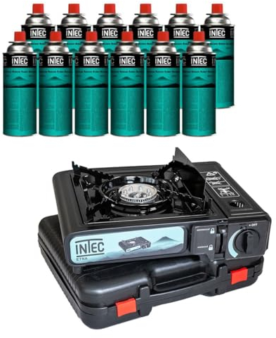 INTEC - Réchaud gaz Portable 2200 W + 12 Cartouches gaz butane Camping Road trips Piezo Mallette Etna