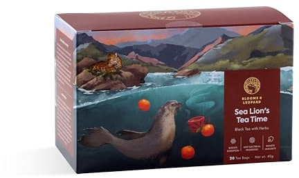Blooms & Leopard Premium Pyramiden-Teebeutel | Sea Lion’s Tea Time | Kardamom, Nelken, Zimt, Ingwer & Schwarzer Pfeffer | Kräftiger, würziger Schwarztee für Verdauung & Wohlbefinden | 20 Teebeutel