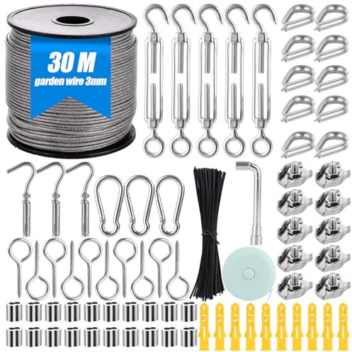 MEIDIV Garden Wire for Climbing Plants 30M, 3MM Stainless Steel Rope, Trellis Kit with Turnbuckle Crimping Clamps for Light Hanging, Picture Hanging, Fence