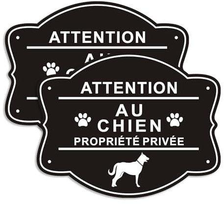 Panneau Attention au Chien Propriété Privée 25 x 20cm, Pancarte métallique réfléchissant en aluminium imperméable à l'eau protection UV avec trous pré-percés (Lot De 2)