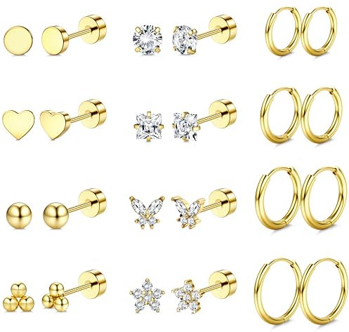 Diamday 12 Pairs Earrings for Women Surgical Steel Flat Back Earrings Hoop Earrings Set 14K Gold Helix Tragus Cartilage Stud Earrings Gold Huggies Hoops Studs Hypoallergenic for Multiple Piercings B