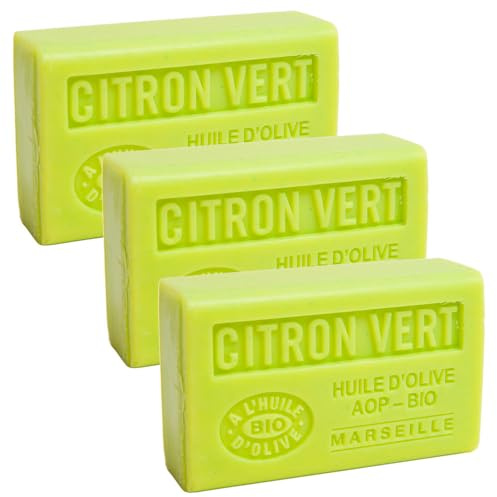 Label Provence Nature Savon de Marseille – Französische Seife aus reinem Bio-Olivenöl und Sheabutter – Limettenduft – 125 g Riegel – 3er-Set