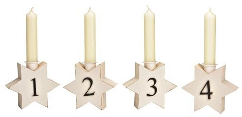Adventsdeko 4er Set Kerzenständer Sterne mit Zahlen 1–4 in Creme-Weiß – Holz Adventskerzenhalter für Stabkerzen – Weihnachtsdeko modern & skandinavisch