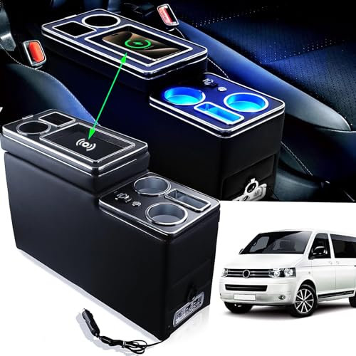 JINBZZON Console Centrale avec Améliorée de Rangement Compatible avec T4 T5 T6 T6.1 T7 2003-2019 Tous Les Modèles, Accessoires en Cuir avec Charge Inductive sans Fil USB et Lumière LED Bleue, Noir