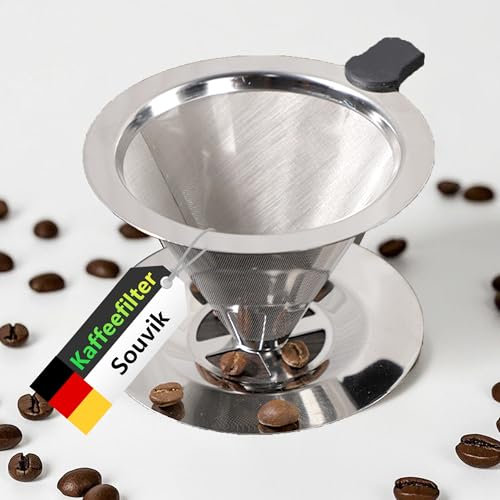 Souvik Filtro Cafetera Reutilizable de Acero Inoxidable, Filtro Café Permanente sin Papel con Soporte para Café, Recambios Cafetera, Ideal para Preparación Manual y Pour Over