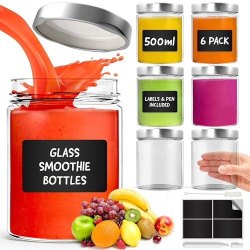 Glass Mason Jars with Lids 500ml - 6 Pack, Leakproof Glass Bottles with Lids for Airtight Seal, Drinking Bottle Ideal for Smoothies, Milkshakes, Sauces, Food Storage, Juices, Beverages, Infused Water