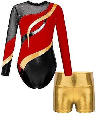 YOOJIA Mädchen Turnanzug Turnshorts Haarband Set Kinder Gymnastik Langarm Gymnastikanzug Tanzen Kleidung 5-14 Jahre