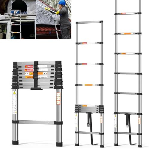 Telescopic Ladder, 2.6M/8.5FT Stainless Steel Extension Ladder, Multi Purpose Portable Loft Ladder with Non-Slip Feet, 9 Steps, Max Load Capacity 150kg, Sturdy Folding Ladder for Roof Attic Caravans