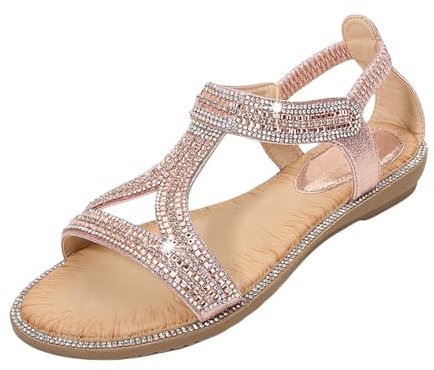 Sandales d'été confortables pour femme - Sandales romaines plates avec strass - Sandales de plage - Sandales d'été - Sandales d'été - Sandales de plage - Sandales de loisirs, Or rose, 41 EU
