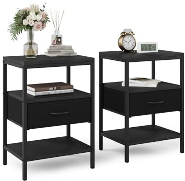 VOWNER Nachttisch 2er Set, Beistelltisch mit Metallrahmen und 1 großen Stoffschubladen, Couchtisch für Schlafzimmer, Wohnzimmer (Schwarz)