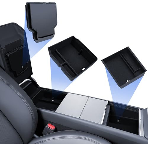 LANTU Lot de 3 accessoires pour console centrale Tesla Model Y 2025 Juniper - Boîte de rangement pour accoudoir et boîte cachée (flocage)