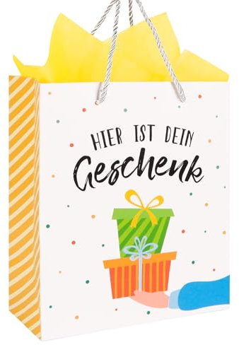 BETESSIN Geschenktüte Geburtstag - HIER IST DEIN Geschenk - 21x10x25cm Papiertüten mit Henkel - Geschenktasche mit Seidenpapier - Geburtstagstüten Kinder - Geschenkverpackung zum Geburtstag