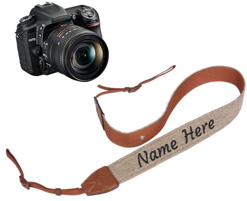 Dinikally Personalised Camera Strap with Embroidery Text Name Canvas Neck Shoulder Strap for DSLR SLR, brown, L