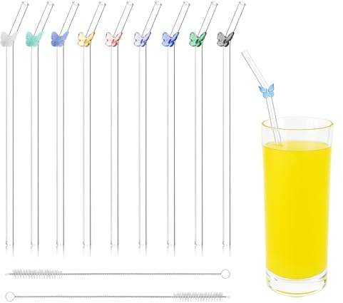 9 PCS Glasstrohhalme Glas Wiederverwendbar Trinkhalme mit Bunter Schmetterling, Gebogene Glas Trinkhalme mit 2 Reinigungsbürsten für Säfte, Cocktails, Smoothies und Bubble Tea und Umweltfreundlich