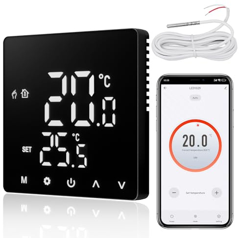 CNBINGO Built-in Smart Thermostat with Probe, Digital Room Thermostat for Electric Heater, Compatible with Alexa and Google Assistant, Voice Controlled, Black, with Frame