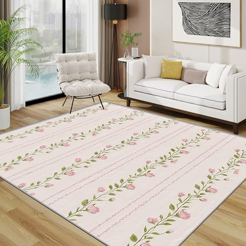 TerroVee Blumen Teppich, Rosa Blüten Kleiner Teppich, Shabby Chic Waschbar Kurzflor Weich Teppiche Eingangsbereich Innen Küche, 60x90 cm, Rosa Grün