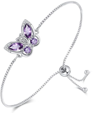 KQ&TTENG Schmetterling Armband Damen 925er Sterling Silber Süße Schmetterling Keltisch Armband Lila Zirkon Jahrestag Geburtstag Schmuck Geschenk für Frauen Mädchen