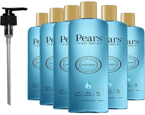 Pears Glycerin Serum Mint Body Wash, 250 ml, 6-Pack + Pump | Fresh mint extract, nourishing gel cleanser, 10x more moisturiser, suitable for men and women