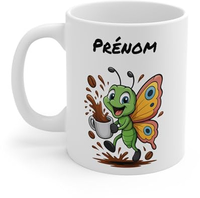 Teecustom Mug Hérisson Personnalisé – Tasse Café Mignonne et Énergique avec Prénom – Cadeau Original (Papillon)
