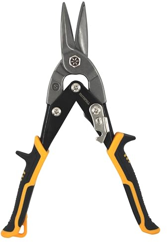 Faithfull Compound Aviation Snips 250mm (10in) – Straight Cut Metal Shears, Cr-Mo Steel, Serrated Blades with Safety Lock, Spring Action & Slip Guards for Steel, Aluminium, Vinyl & Plastic