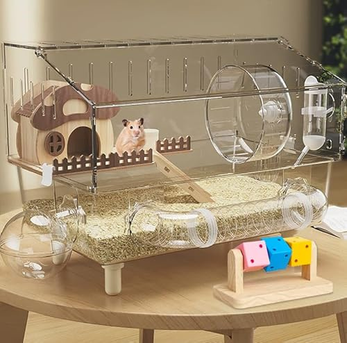 Acrylic hamster cage with accessories exercise wheel water bottle platform hide-out bath tub