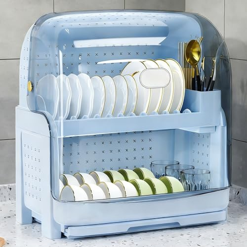 KLWQR Escurreplatos sobre Fregadero de Dos Niveles, Escurridor de Platos de Plástico con Tapa Abatible Transparente y Compartimentos de Almacenamiento(Blue)