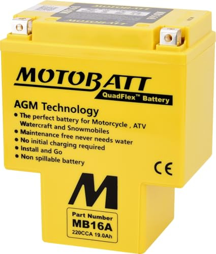 MOTOBATT - Motorradbatterie AGM MB16A | 12V 19.0Ah 220CCA | Versiegelt & Werksaktiviert | Kompatibel mit HYB16A-A, HYB16A-AB | Kompatibel mit Honda, Yamaha, Kawasaki, Suzuki, BMW u.a.