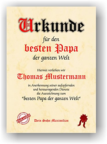Urkunde für den besten Papa der ganzen Welt - Geschenkurkunde zum Geburtstag Weihnachten Vatertag personalisiertes Papa Geschenk von Sohn oder Tochter