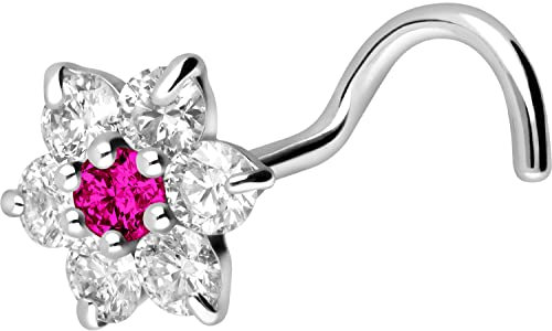 PIERCINGLINE 18 Karat Gold Nasenpiercing Spirale MOISSANIT BLUME Piercing Nase Stecker Weißgold Hellrosa