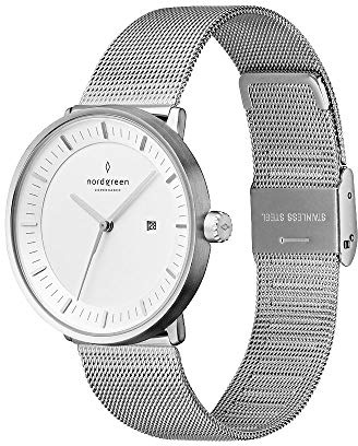 Nordgreen Skandinavische Design Herren Uhr Analog Quarz Silber | Weißes Ziffernblatt | Silbernes, auswechselbares Mesh Armband | Modell: Philosopher