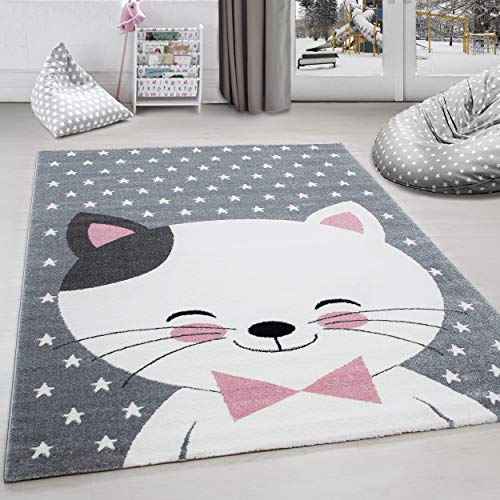 Carpettex Kinderteppich Katze Design Pink 120 x 170 cm - Kurzflor Teppich Kinderzimmer für Mädchen und Jungen Pflegeleicht Weich - Waschbarer Spielteppich Babyteppich Gaming Teppich Babyzimmer