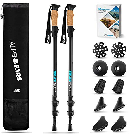 Alpen Bears Nordic Walking Stöcke Damen - Extra leicht mit ergonomischen Echt Kork Griff - Walking stöcke verstellbar mit Gummipuffer Set - Teleskop Wanderstöcke für Damen & Herren
