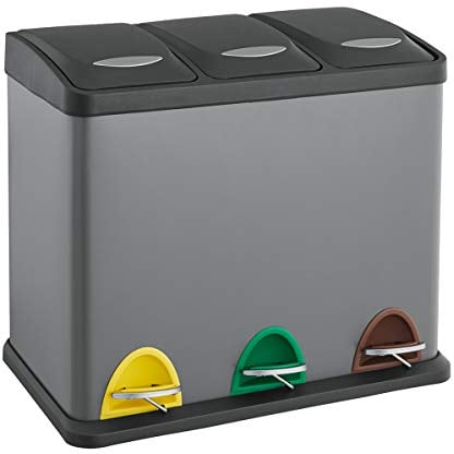 SVITA TC3X8 Küchen-Eimer 24 Liter 3X 8L pulverbeschichteter Stahl dreifach Abfalleimer 3er-Mülleimer Mülltrennung Treteimer mit Deckel Grau mit Pedalen und herausnehmbaren Eimern