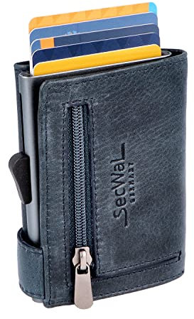SecWal Kartenetui mit Münzfach Reißverschluss - Made in Germany - Echtleder Geldbörse inkl. E-Book für Damen und Herren - RFID Schutz Portemonnaie Leder - Geldbeutel klein (Vintage Blau)