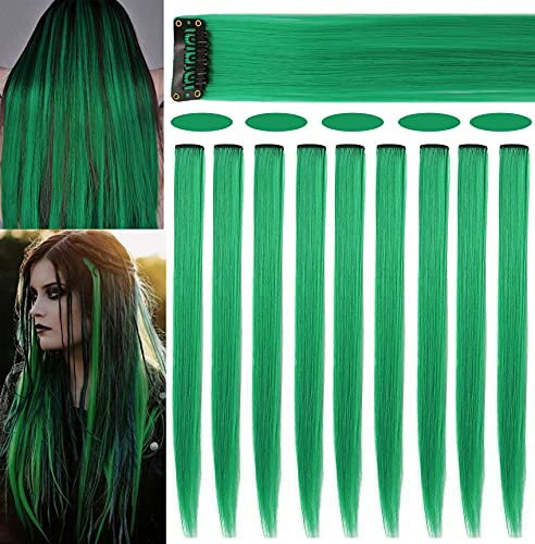 Rhyme 9 PCS 21 Glatt gefärbte Haarverlängerungen Clip In/On Lila Haarverlängerungen Perücke Party Highlight MultiColors Haarteile für Frauen/Mädchen (Grün)