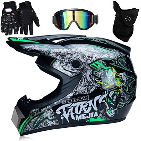 Gmuret Professioneller Motocross-Helm, Motocross Dirt Bike Offroad Motorradhelm Set mit Handschuhen, Schutzbrille, Winddichte Maske, MTB Helm geeignet für Erwachsene und Kinder