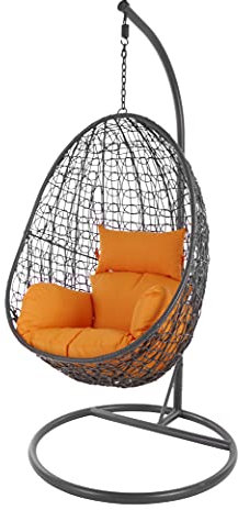 Kideo Komplettset: Hängesessel mit Gestell & Kissen, Indoor & Outdoor, Poly-Rattan (Gestell- und Korbfarbe: dunkelgrau, Kissen: orange Nest (3030 Tangerine))