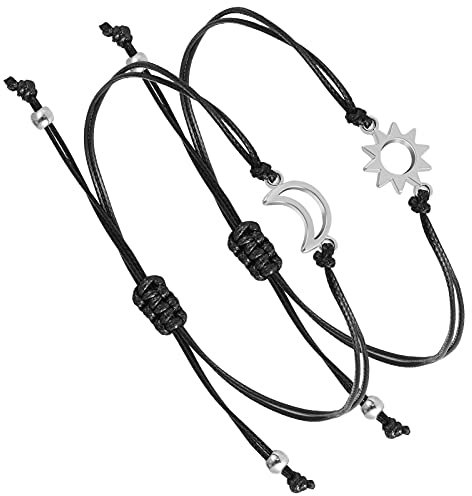 QINREN Friendship Matching Bracelets, 2pcs Sun Moon Shape Bracelets Best Friend Friendship Bracelet Couples Lover Bracelets Pinky Promise Bracelets Adjustable Handmade Lucky String Bracelets(Silver)