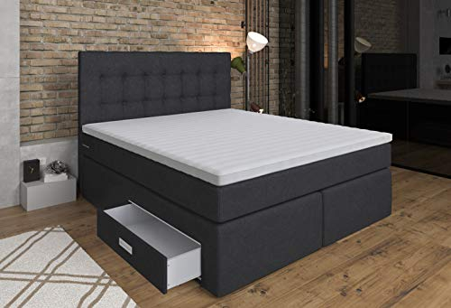 Tesla Dreams Boxspringbett 140x200 Ankona - Schublade, 7 Zonen-Taschenfederkern-Matratzen, H2/H3, Topper 10 cm Höhe MemoLUX, Anthrazit