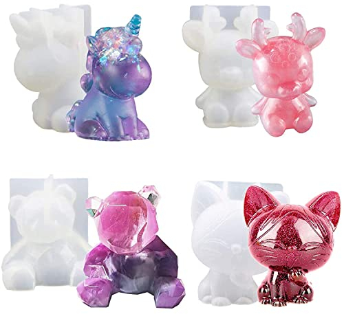 3D Tier Silikonform, 4 Stück Gussform aus Silikon, für Epoxidharz Gussformen, Kristall, Epoxid-Gießform, Gießform, Bastelwerkzeug, für handgefertigte Kerzen, Kunstharz-Handwerk