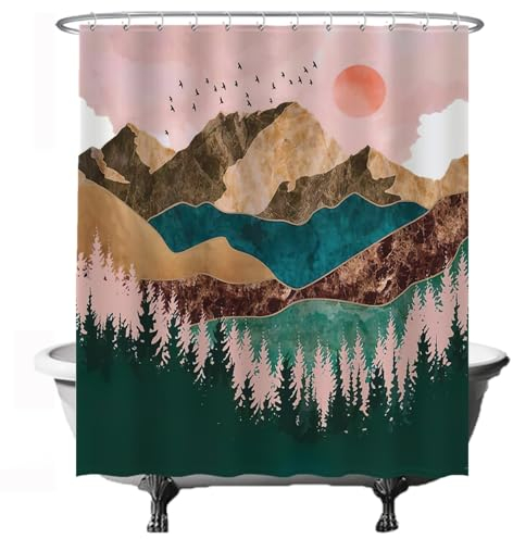 Ulticool Duschvorhang - Natur Sonne Berge Bohemian - 180 x 200 cm – Waschbar – Anti Schimmel - Wasserdicht - mit 12 Ringe - Grün Rosa Braun