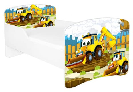 AS-TOR Kinderbett Jugendbett Dora 70x140 mit Matratze - Bett Schlafzimmer Kindermöbel Kinderbetten für Jungen, Hochwertige Möbelplatte, Solide und Sicher, Bagger